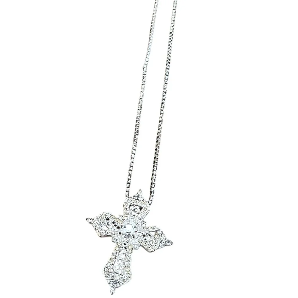 Rhinestone Cross Pendant‎ Necklace Silver Tone Chain Dainty Religious Jewelry